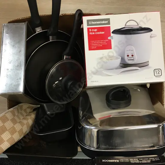 Assorted Bakeware, Homemaker 5Cup Rice Cooker With Vintage Kambrook Electric Frypan, Etc